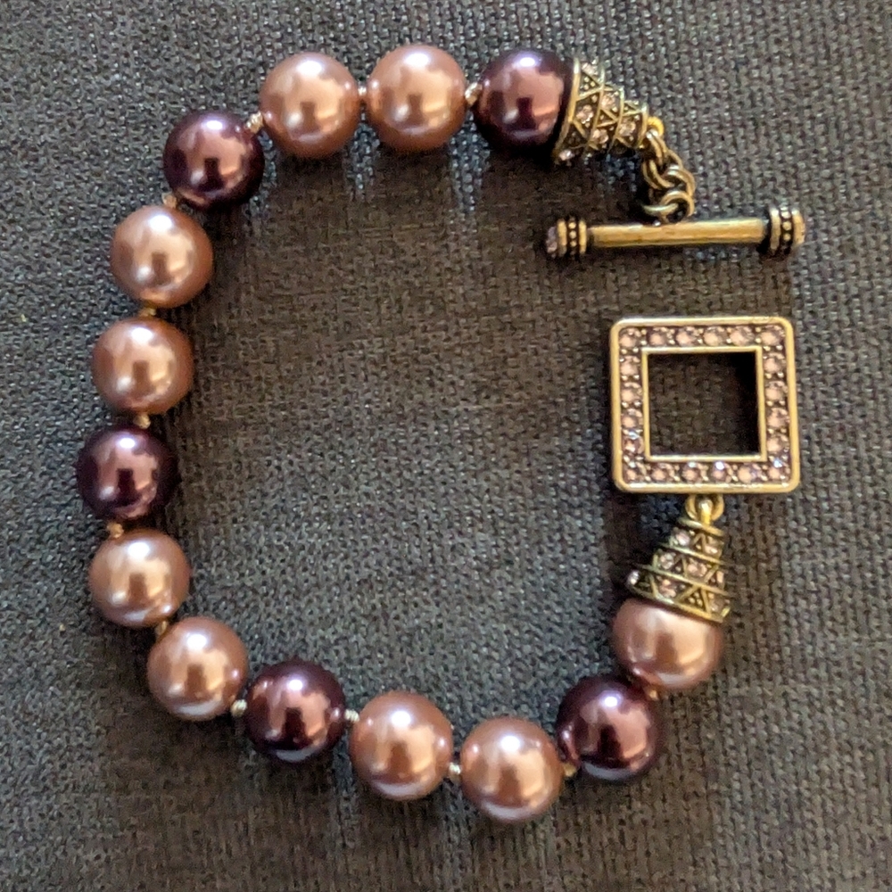 HEIDI DAUS BRACELET RARE SIGNED VINTAGE JEWELRY ROSE MAUVE FAUX PEARLS 9" INCHES